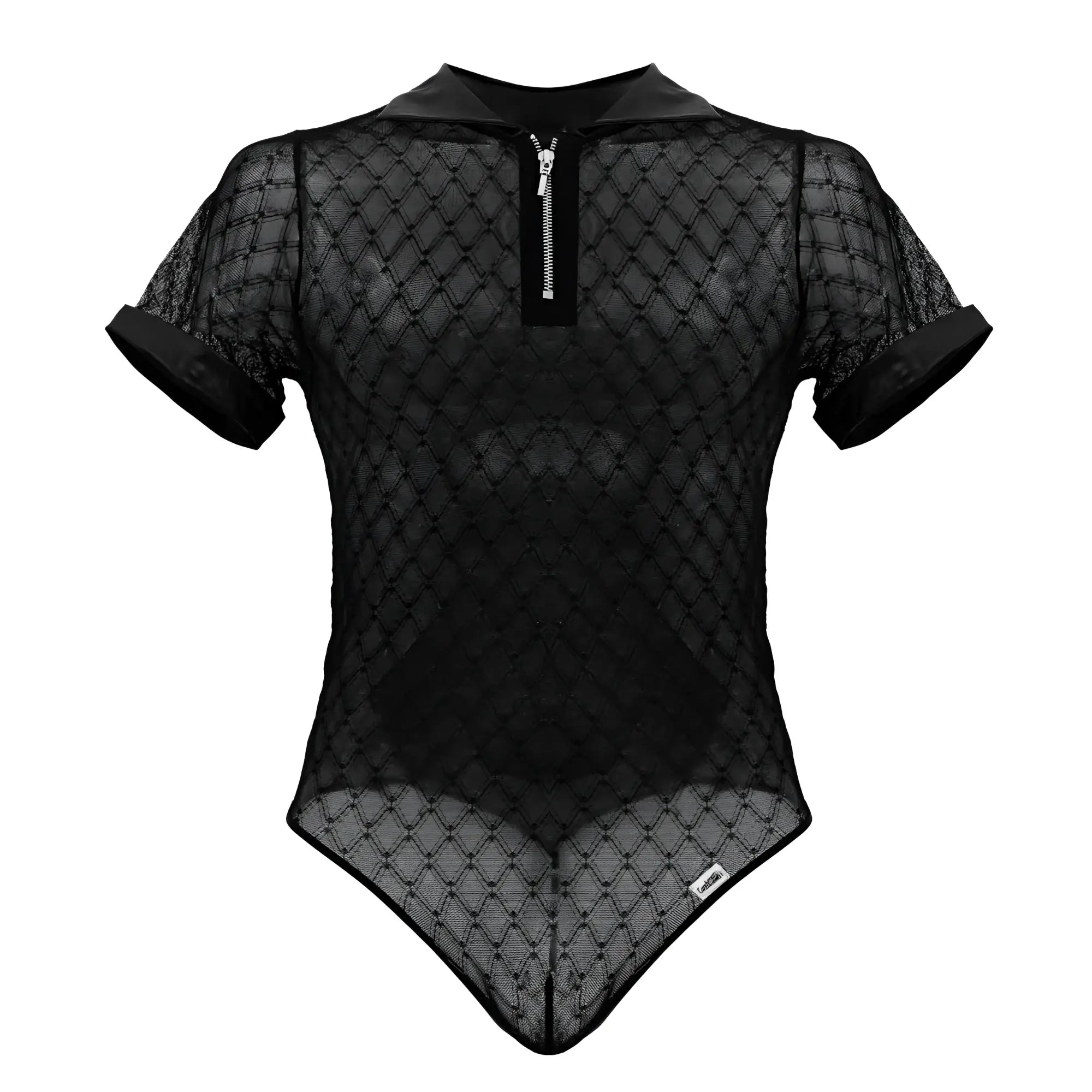 CandyMan 99902 geometric black mesh bodysuit with short sleeves collar and front zipper made of breathable fabric