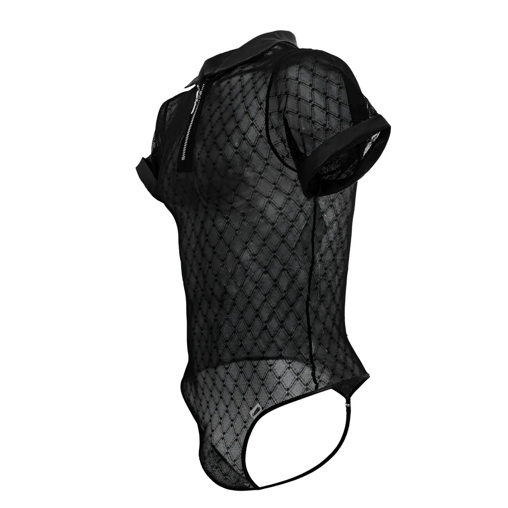 Black mesh bodysuit candyMan 99902 with short sleeves collar and side zipper detail in geometric design