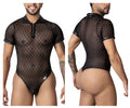 Candyman 99902 black geometric mesh bodysuit with front zipper and faux leather trim on collar sleeves and waistband