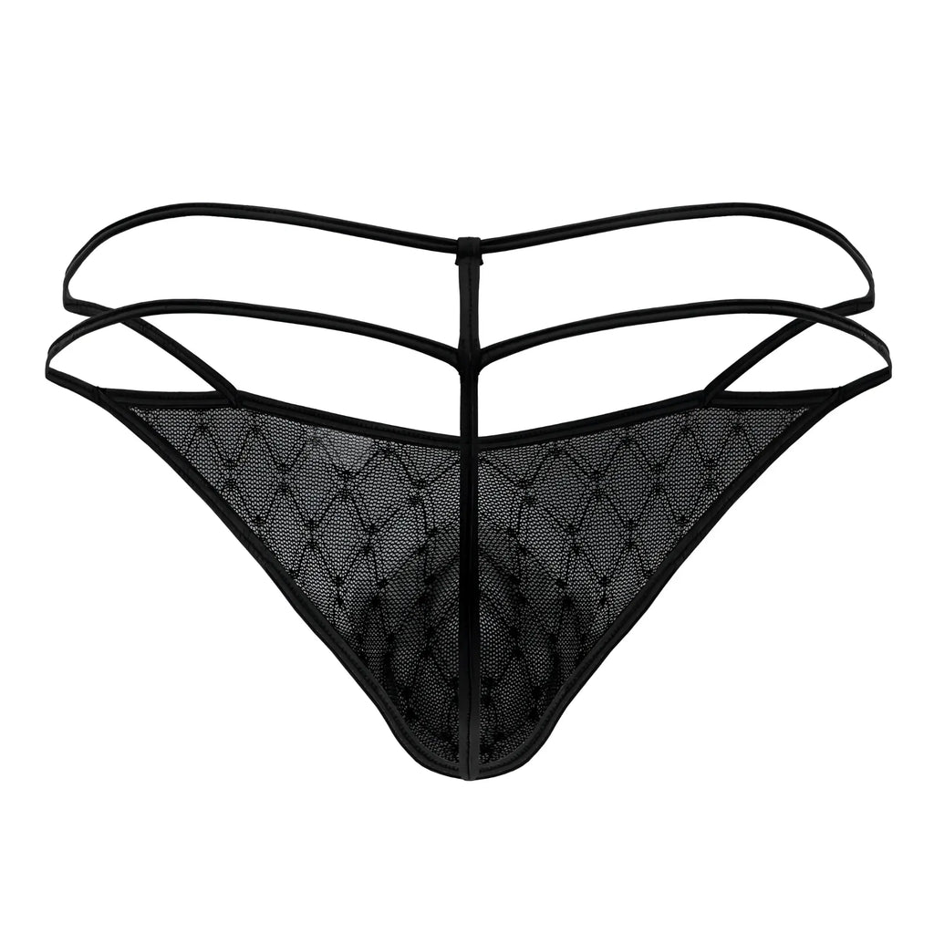 Black lace thong with diamond-patterned mesh and thin overlapping straps from candyman 99903 geometric mesh thongs