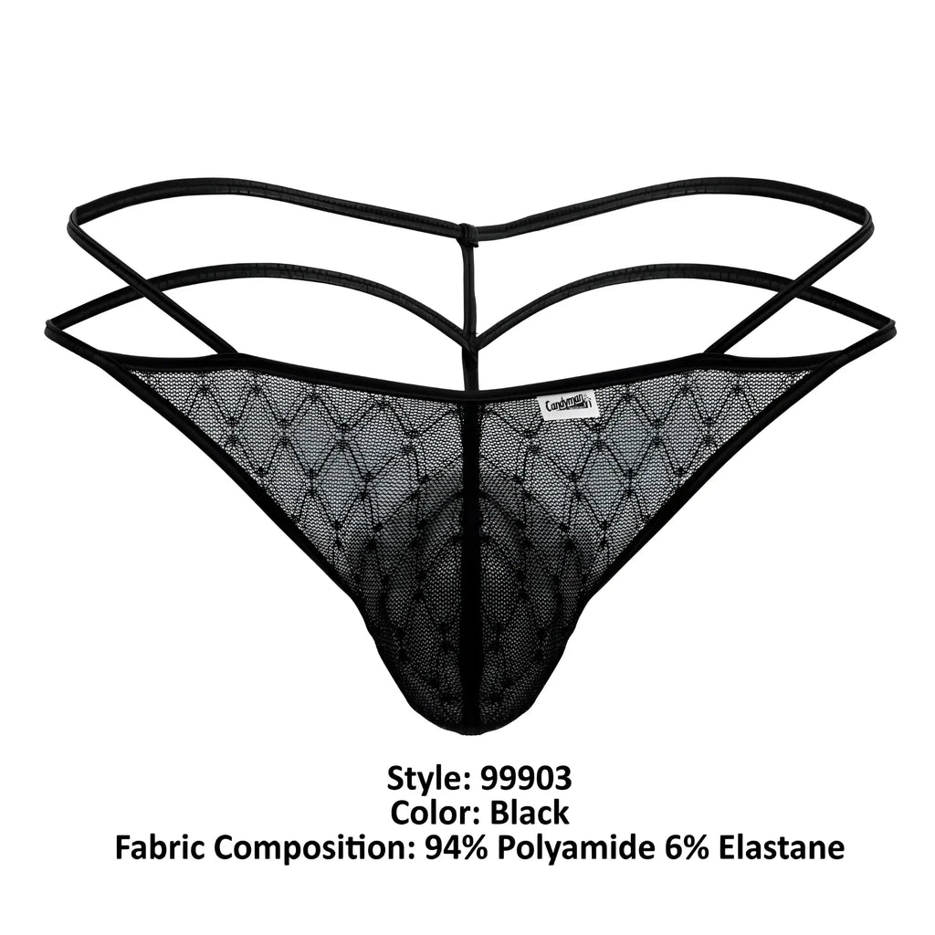 Black candyMan 99903 thong with diamond-patterned mesh and three thin adjustable straps shown from the back