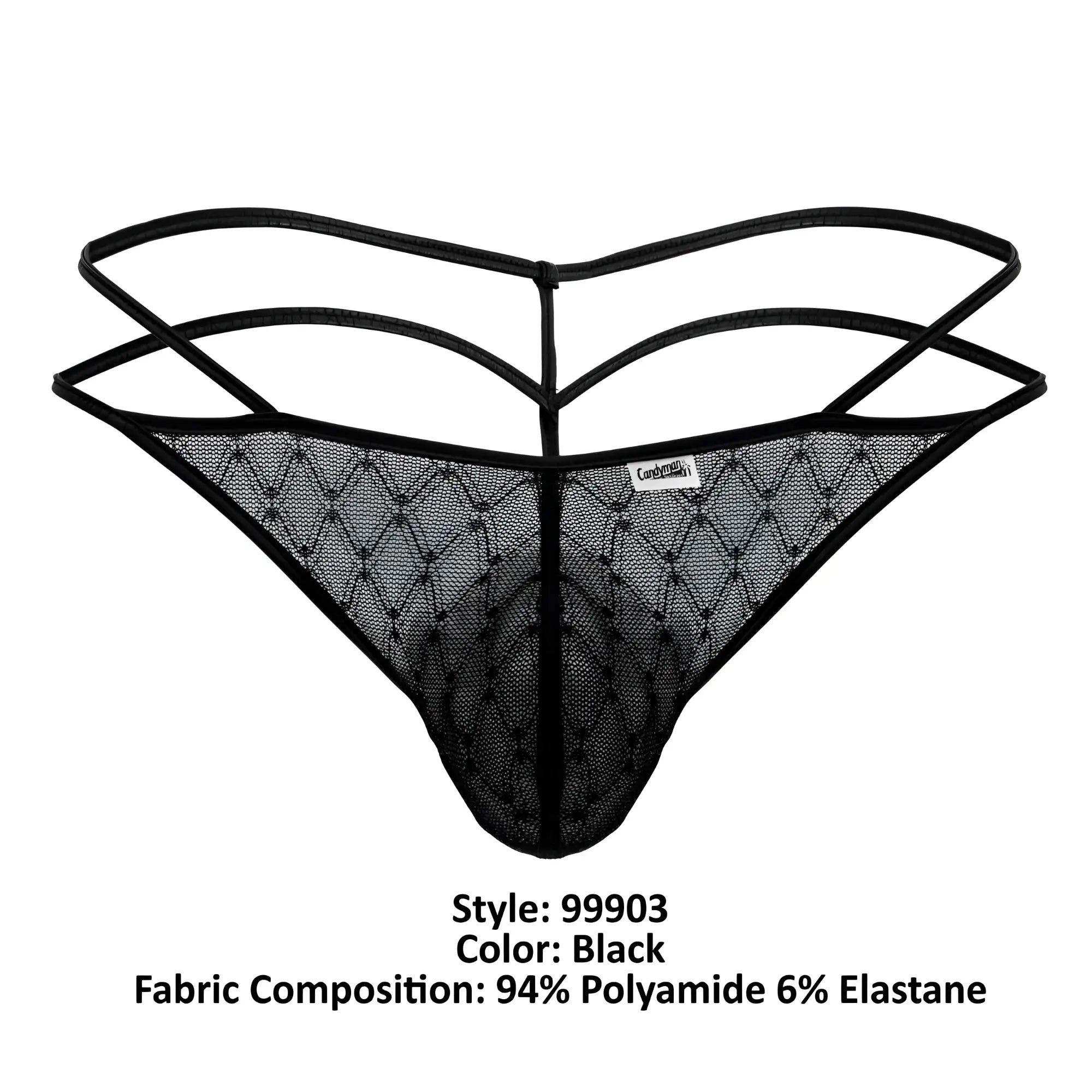 Black candyMan 99903 thong with diamond-patterned mesh and three thin adjustable straps shown from the back