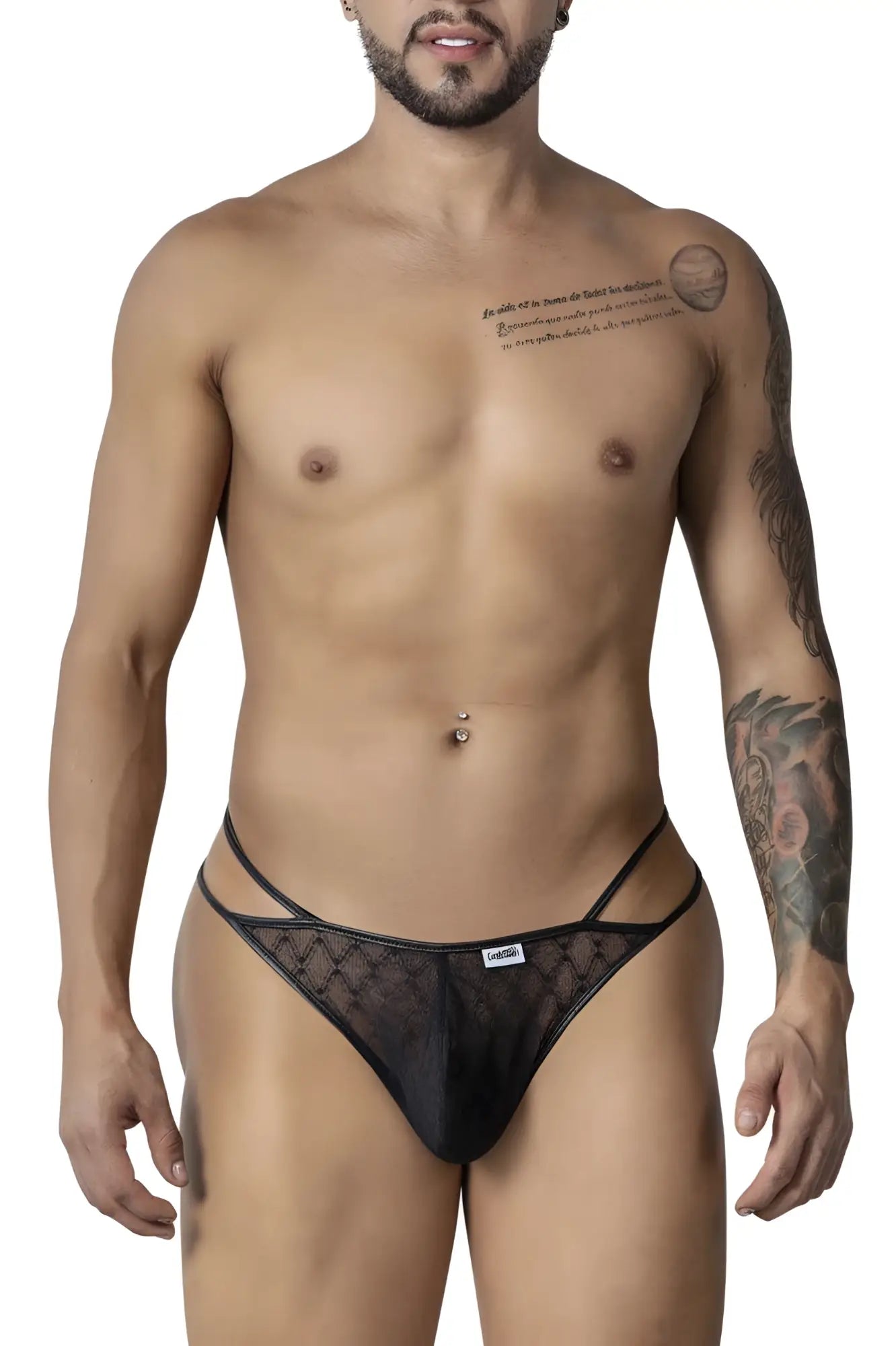 Black candyMan 99903 geometric mesh thong with subtle diamond pattern and thin side straps