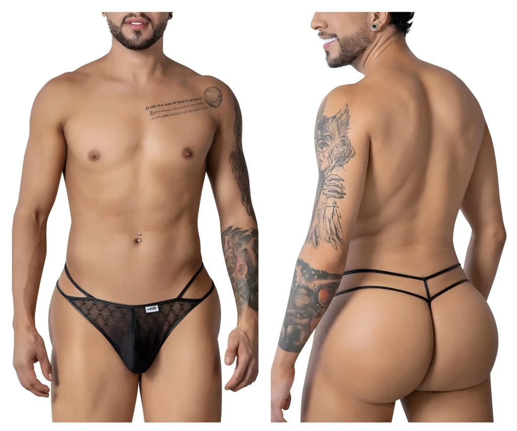 Black sheer lace CandyMan 99903 geometric mesh thong with thin elastic straps shown from the back side