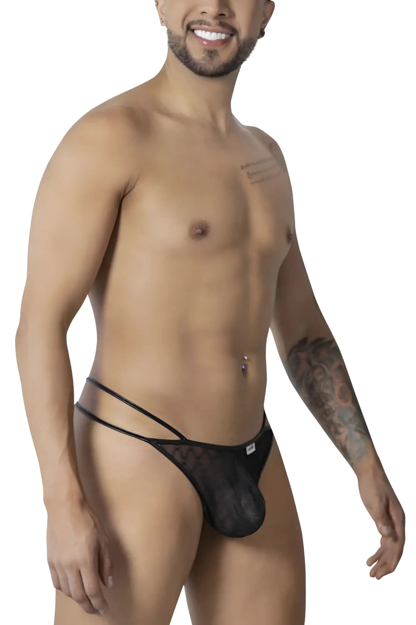 Black sheer lace CandyMan 99903 geometric mesh thong with solid front panel and adjustable side straps