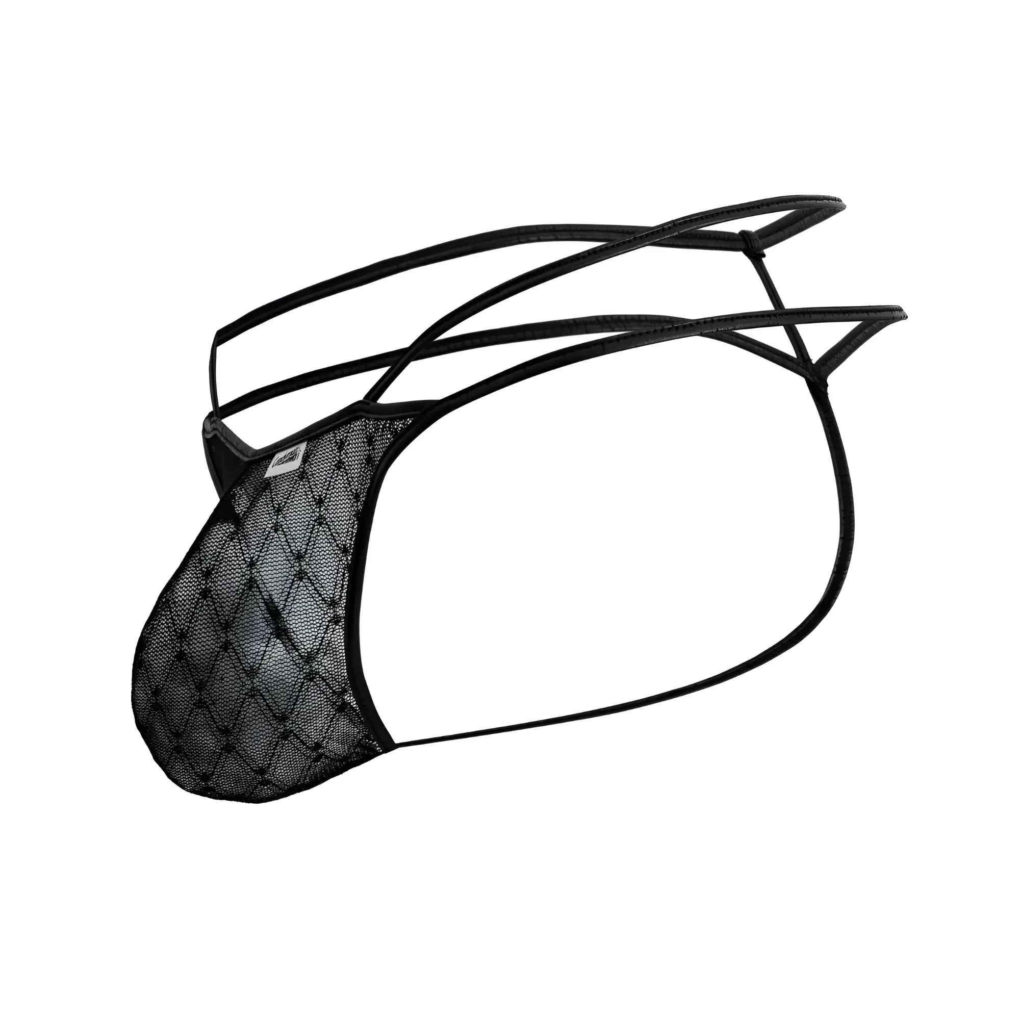 Black mesh thong with diamond-patterned design and thin adjustable straps by CandyMan 99903 geometric mesh thongs