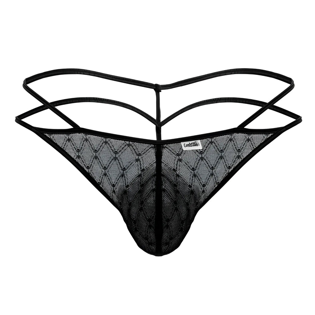 CandyMan 99903 geometric mesh thong in black with diamond-patterned design and three intersecting elastic straps