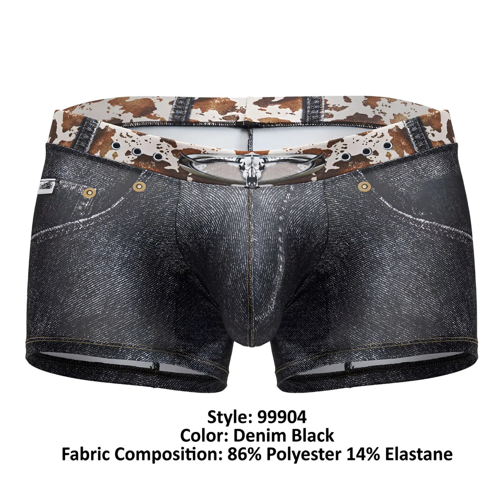 Denim black boxer briefs with a cow print waistband and faux denim texture from Candyman 99904 Cowboy Trunks