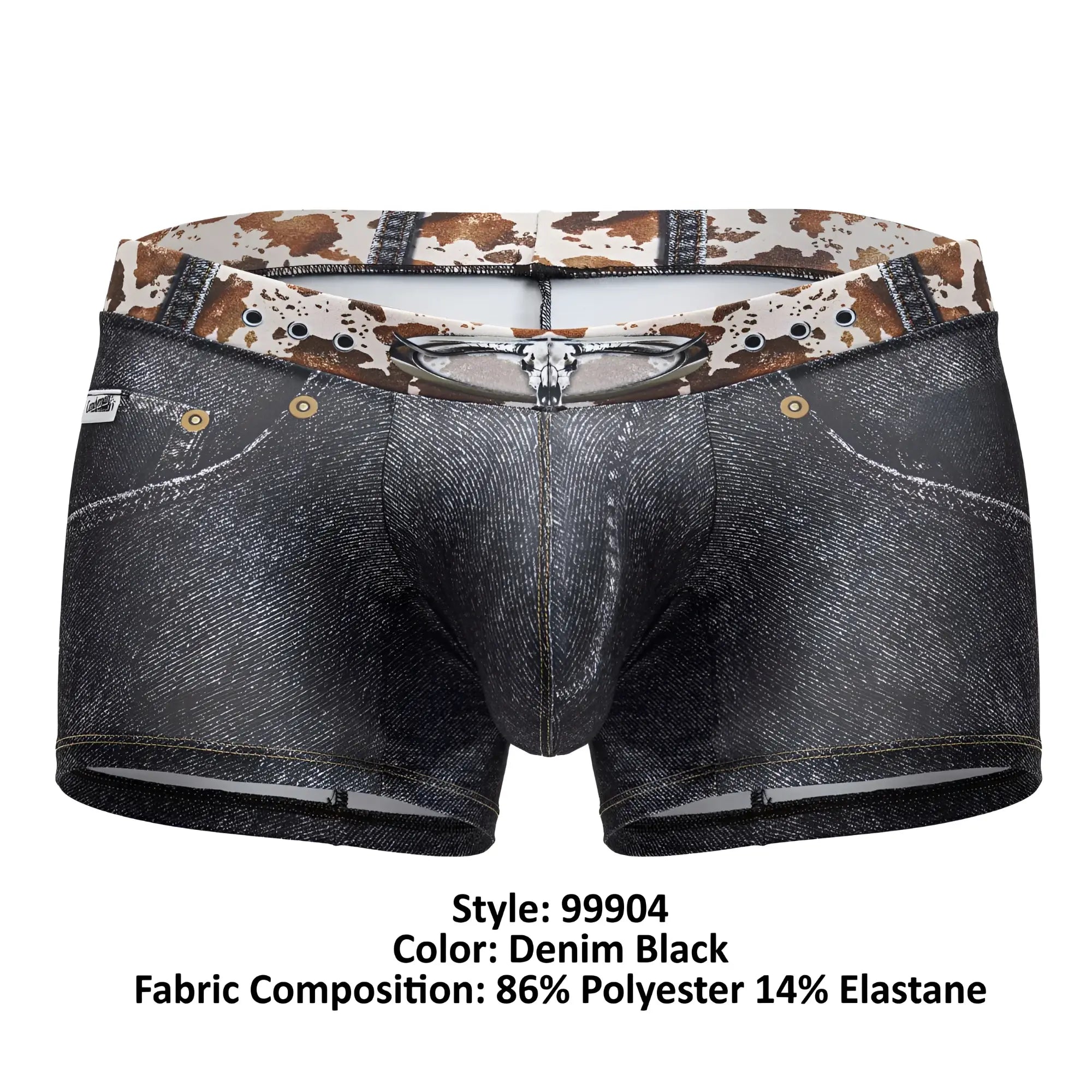 Denim black boxer briefs with a cow print waistband and faux denim texture from Candyman 99904 Cowboy Trunks