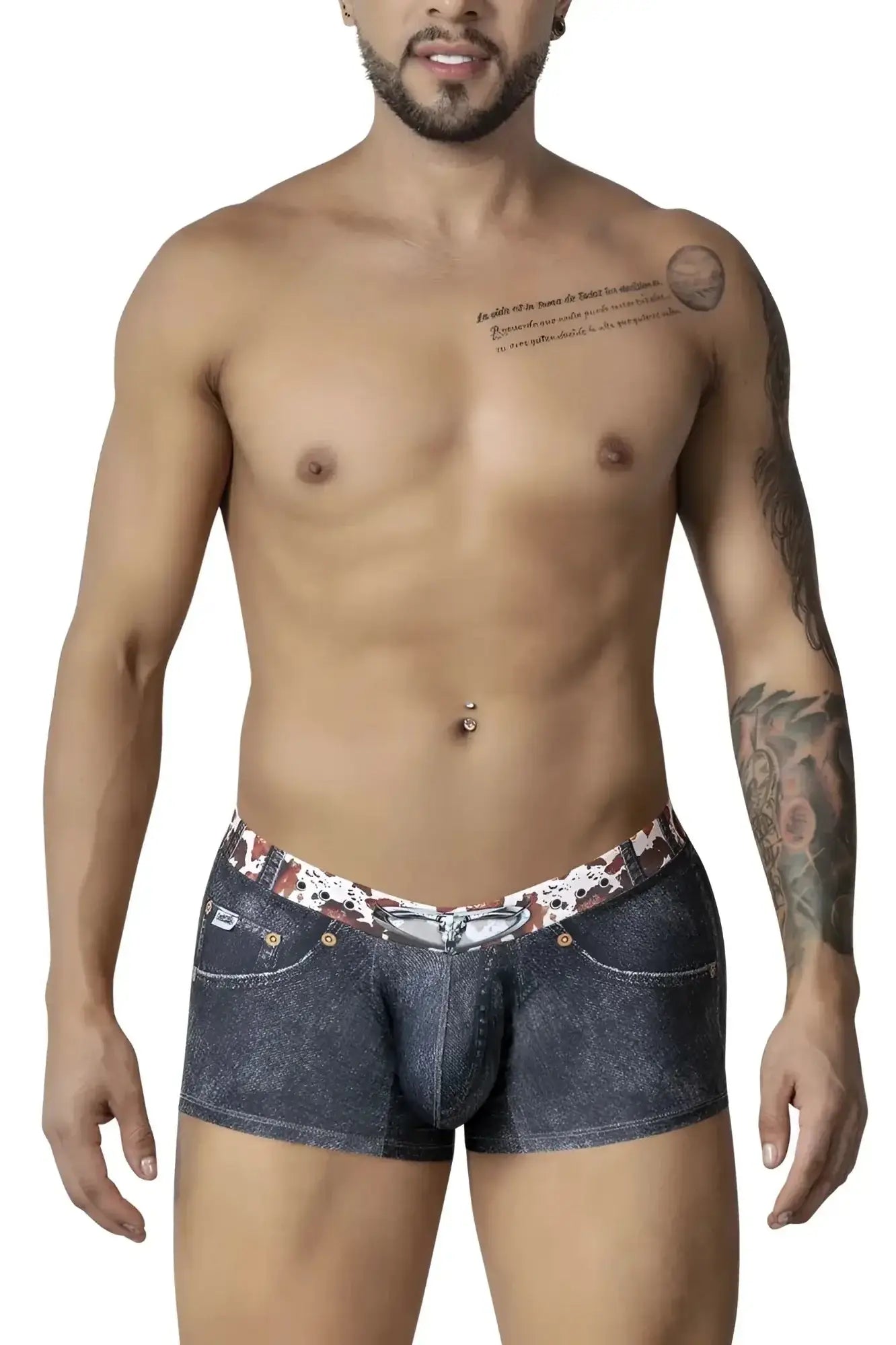 Denim-patterned candyman 99904 cowboy trunks in black men’s boxer briefs with white and brown camouflage waistband