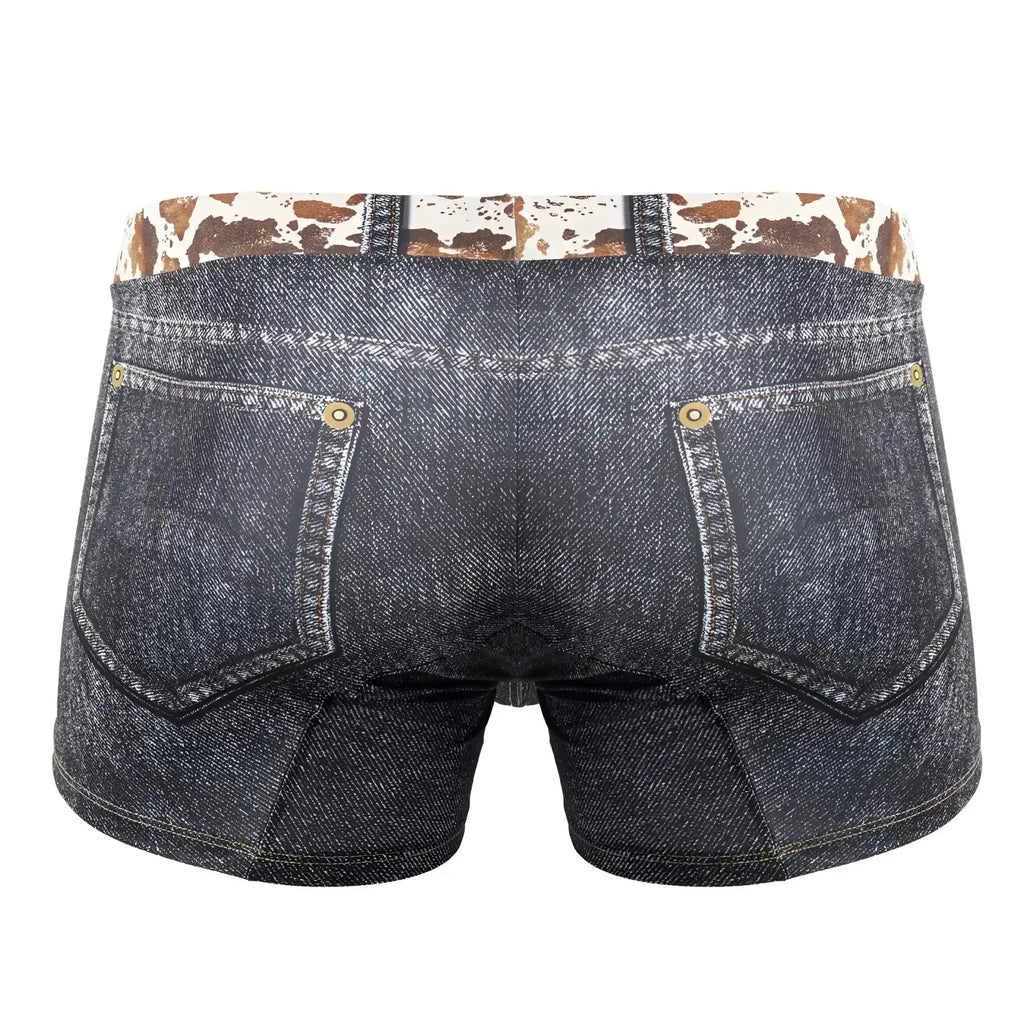 Dark blue denim cowboy trunks candyMan 99904 with cow print waistband and gold-tone button closures