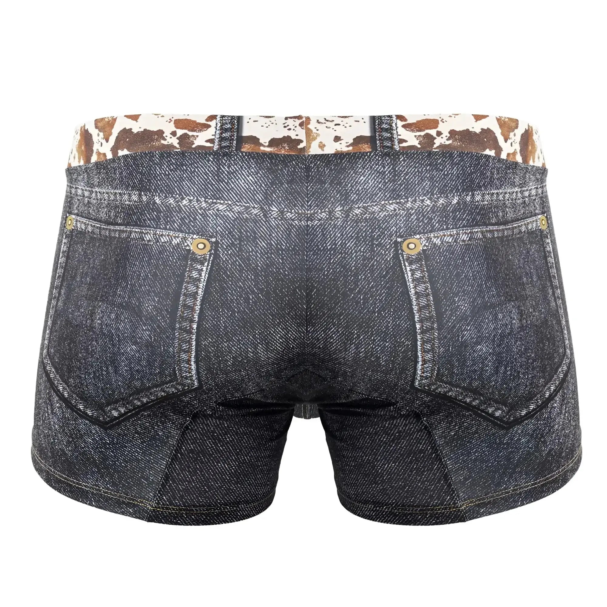 Dark blue denim cowboy trunks candyMan 99904 with cow print waistband and gold-tone button closures