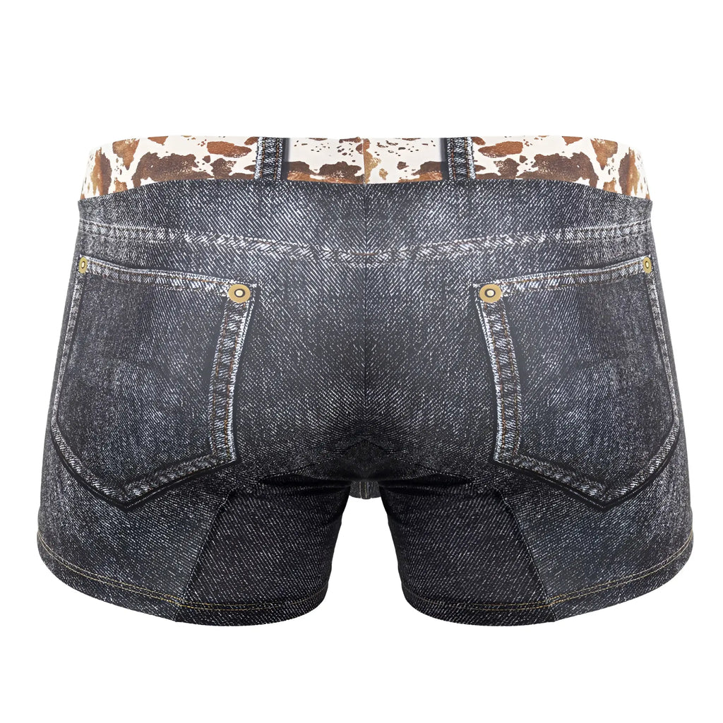 Dark blue denim cowboy trunks candyMan 99904 with cow print waistband and gold-tone button closures
