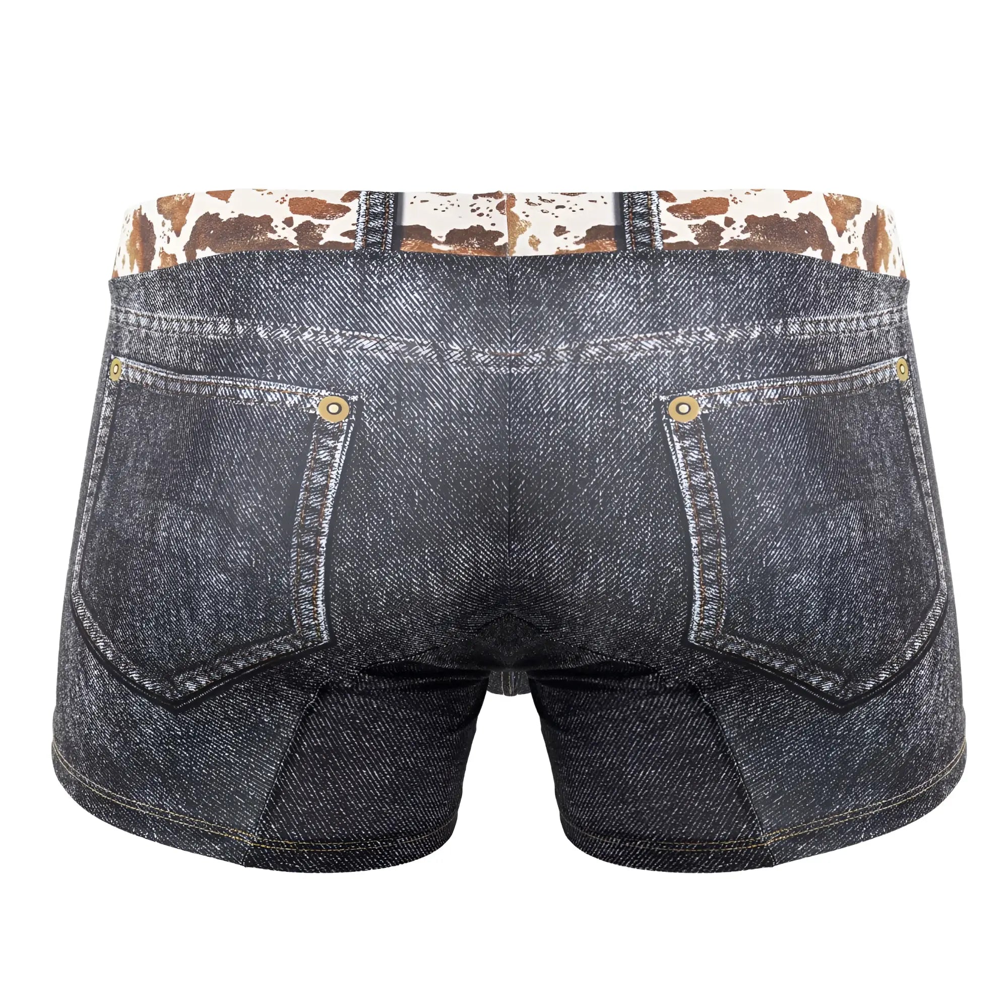 Dark blue denim cowboy trunks candyMan 99904 with cow print waistband and gold-tone button closures