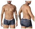 Dark blue denim CandyMan 99904 cowboy trunks with a white and brown floral patterned waistband