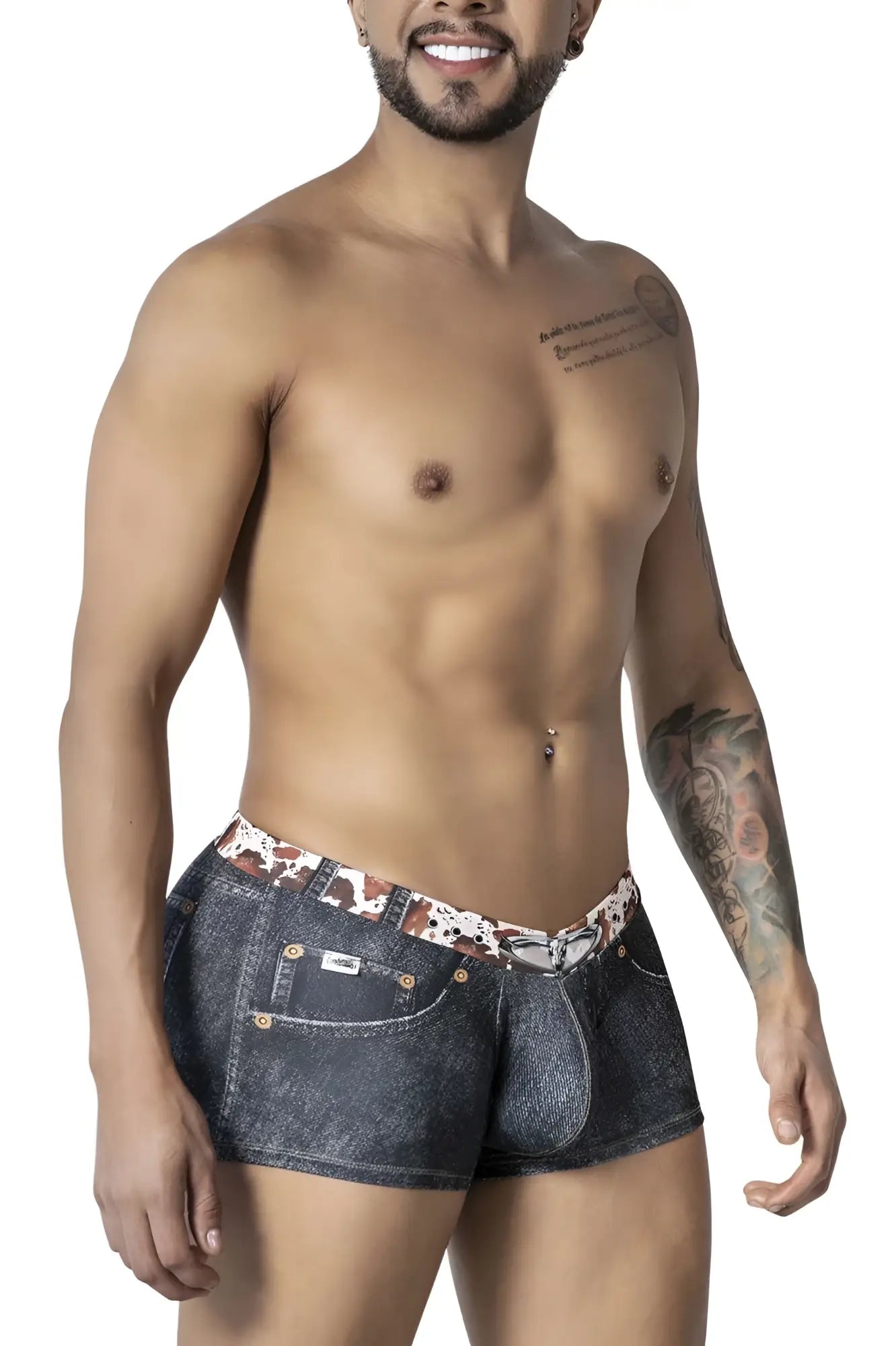 Dark blue denim men’s boxer shorts with patterned waistband and gold-tone hardware candyMan 99904 cowboy trunks
