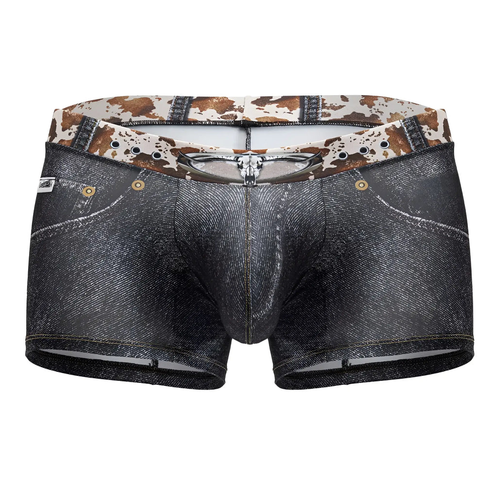 Dark denim men’s boxer briefs with cowhide print waistband and metallic button details candyMan 99904 cowboy trunks