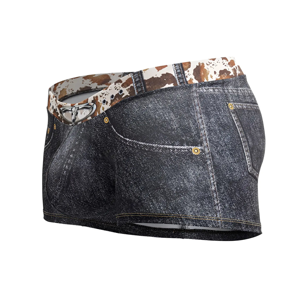 Dark denim shorts CandyMan 99904 cowboy trunks with cow print waistband and gold toned hardware in black