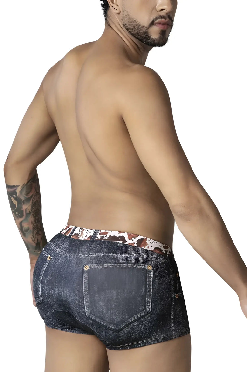 Dark-wash denim candyMan 99904 cowboy trunks with contrasting brown and white cow print waistband