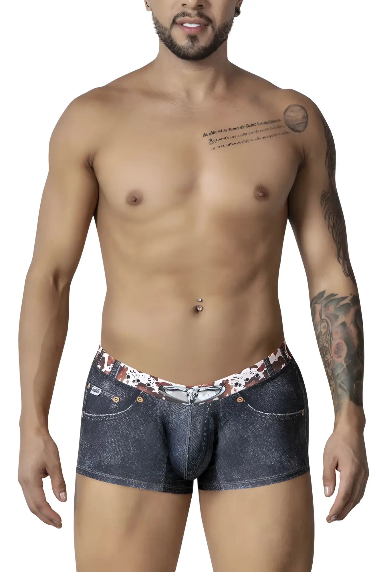 Denim-patterned candyman 99904 cowboy trunks in black men’s boxer briefs with white and brown camouflage waistband