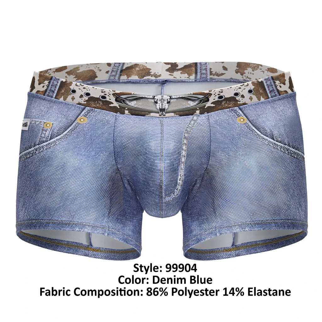 Denim blue men’s boxer briefs designed like shorts with cow print waistband and silver skull buckle candyMan 99904