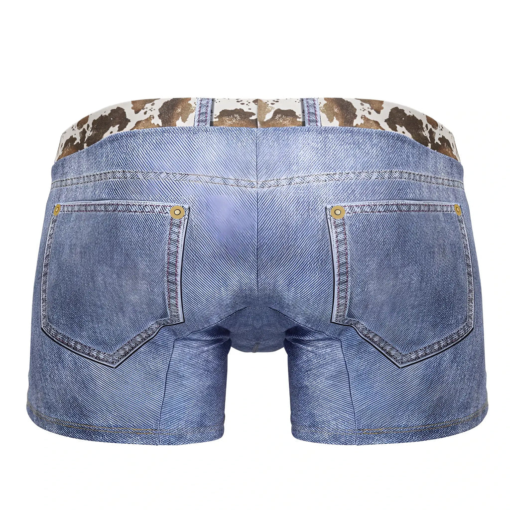Blue denim shorts candyMan 99904 cowboy trunks with cow print waistband and gold-tone button details