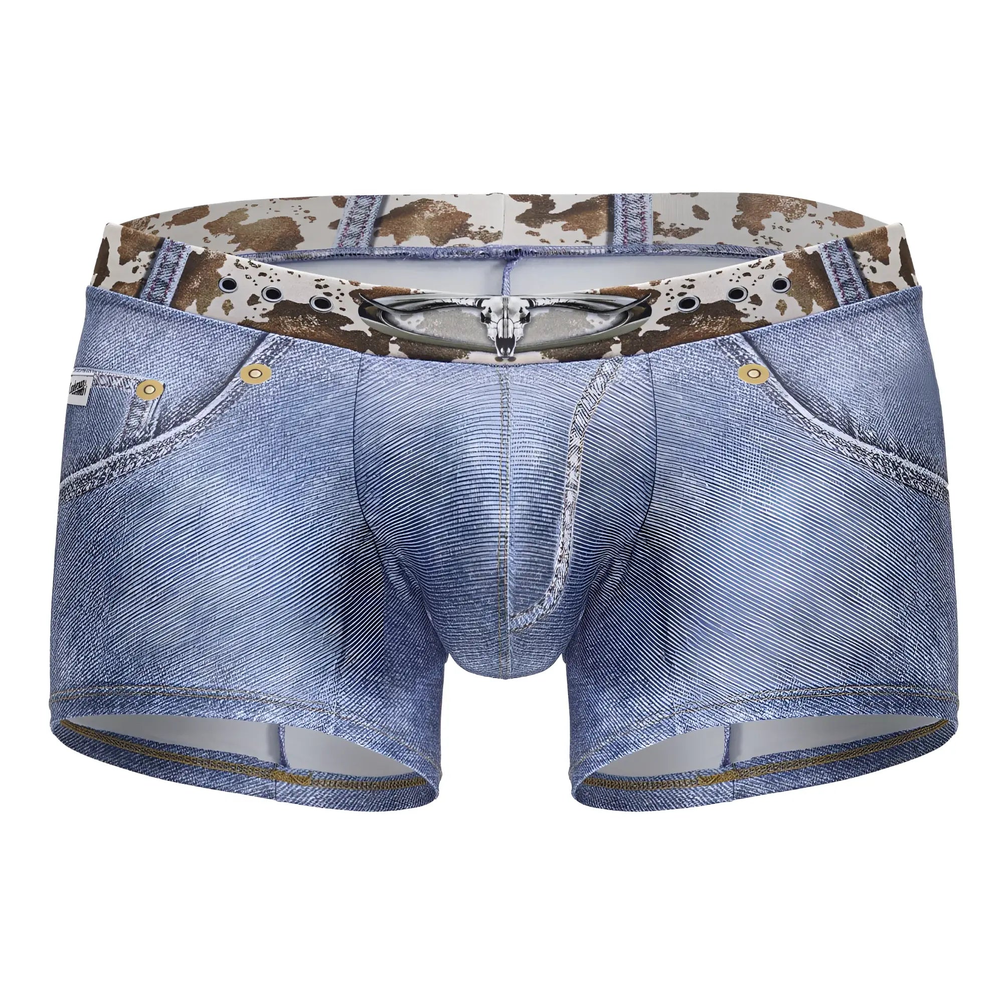 Blue denim style men’s boxer briefs candy man 99904 cowboy trunks with cow print waistband and silver skull zipper detail