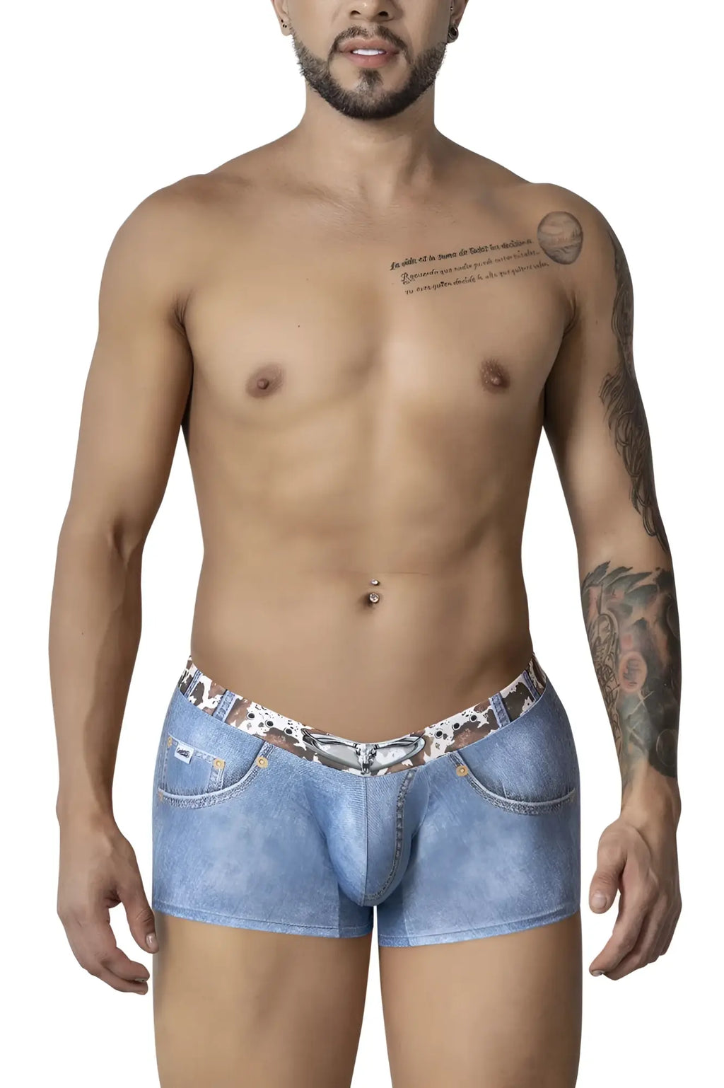 Blue denim style men’s boxer briefs candyMan 99904 cowboy trunks with patterned waistband featuring belt buckle design