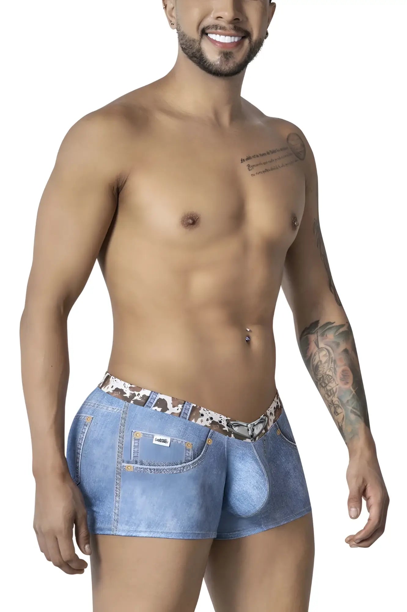 Blue denim style men’s briefs candyMan 99904 cowboy trunks with leopard print waistband and front pocket