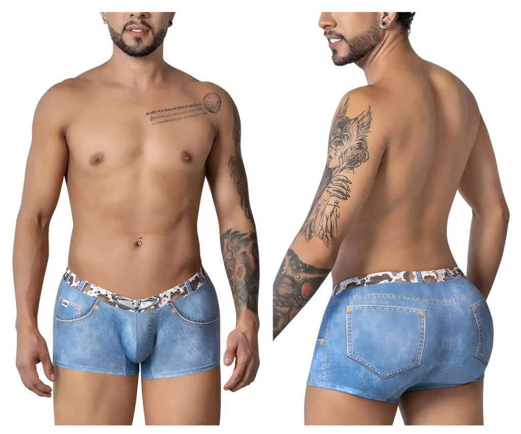 CandyMan 99904 cowboy trunks blue denim style men’s briefs with leopard print patterned waistband and stitching details