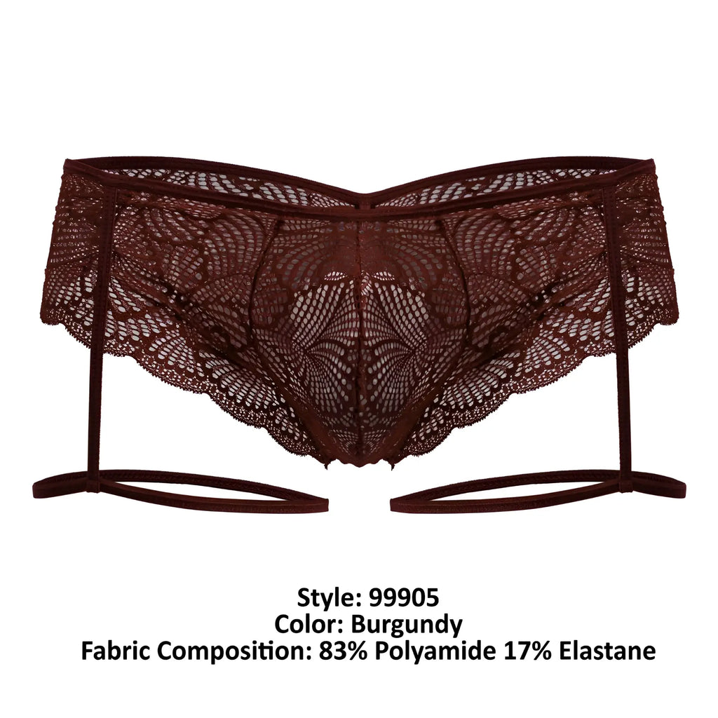 Burgundy lace garter belt with intricate floral patterns and matching elastic straps from Candyman 99905 collection