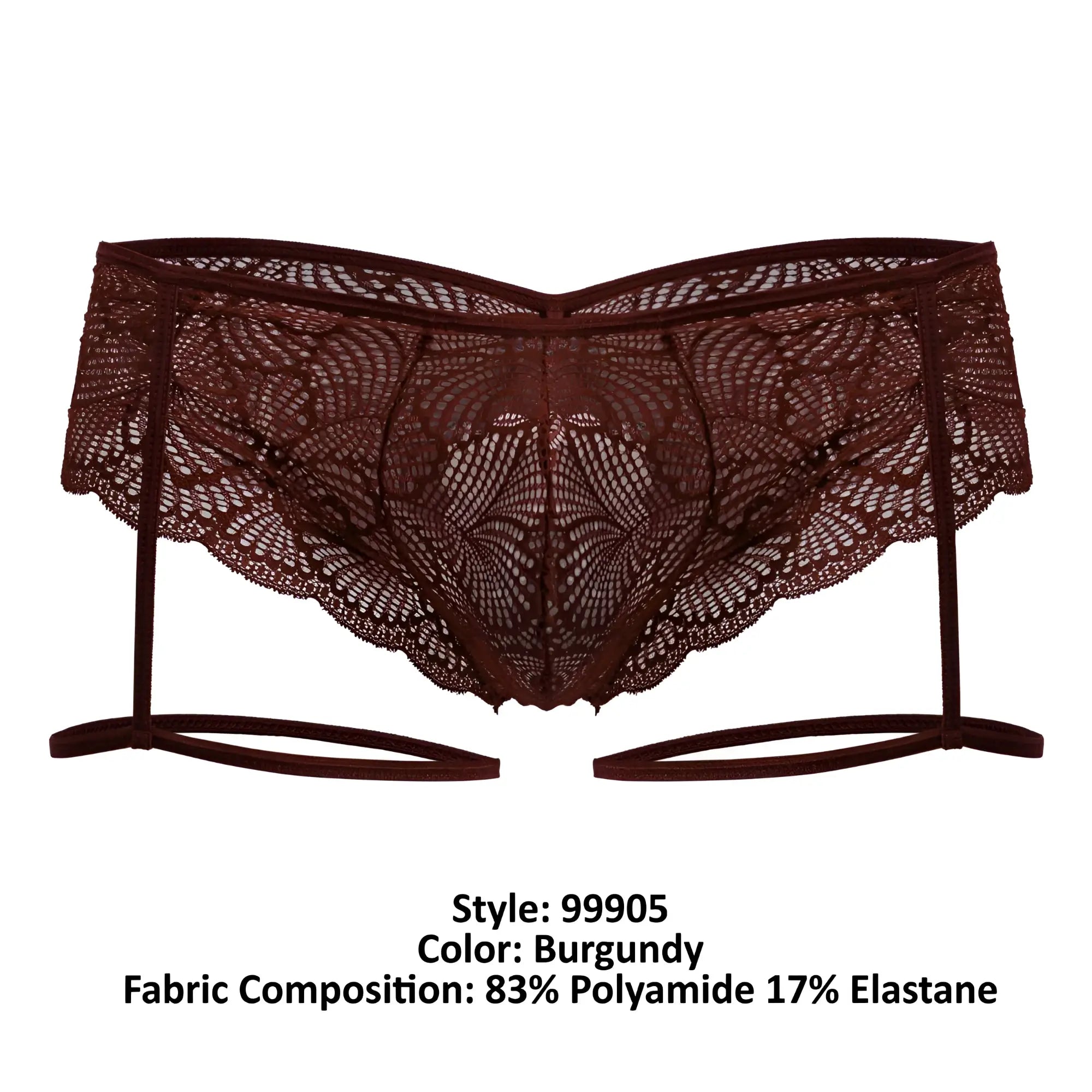 Burgundy lace garter belt with intricate floral patterns and matching elastic straps from Candyman 99905 collection