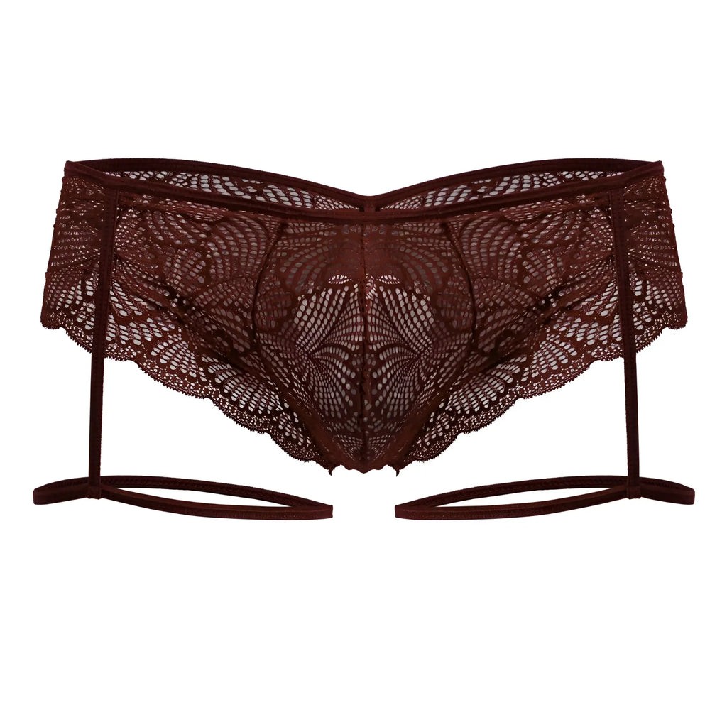 Dark burgundy candyMan 99905 lace garter belt with intricate floral patterns and scalloped edges