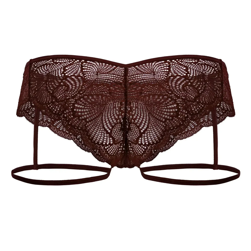 CandyMan 99905 garter lace briefs with a dark burgundy lace bikini top featuring floral patterns and adjustable straps