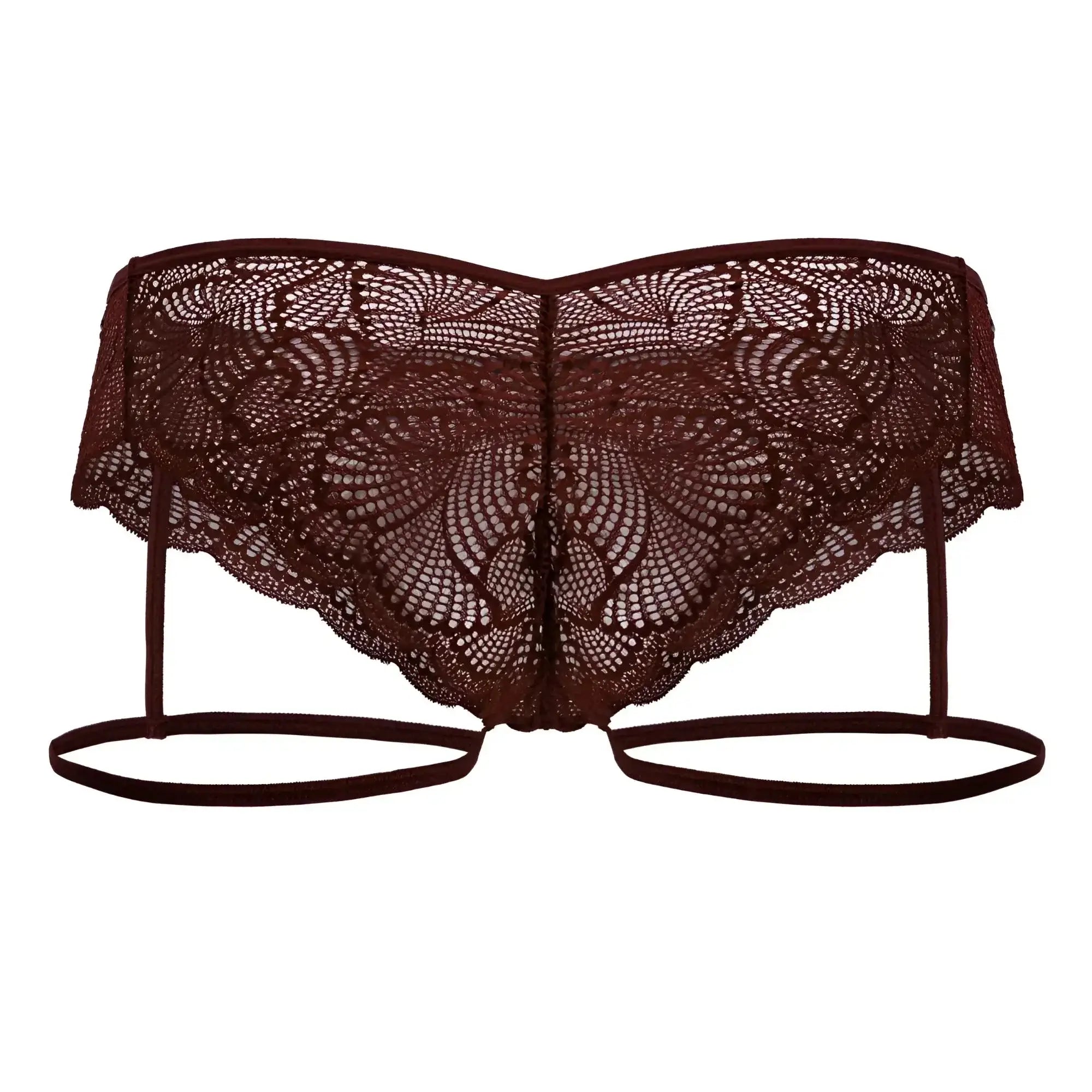 CandyMan 99905 garter lace briefs with a dark burgundy lace bikini top featuring floral patterns and adjustable straps