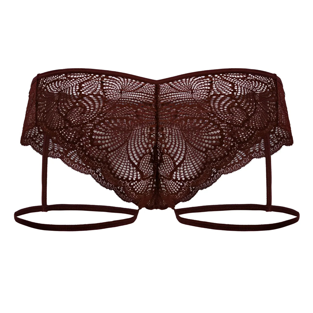 CandyMan 99905 garter lace briefs with a dark burgundy lace bikini top featuring floral patterns and adjustable straps