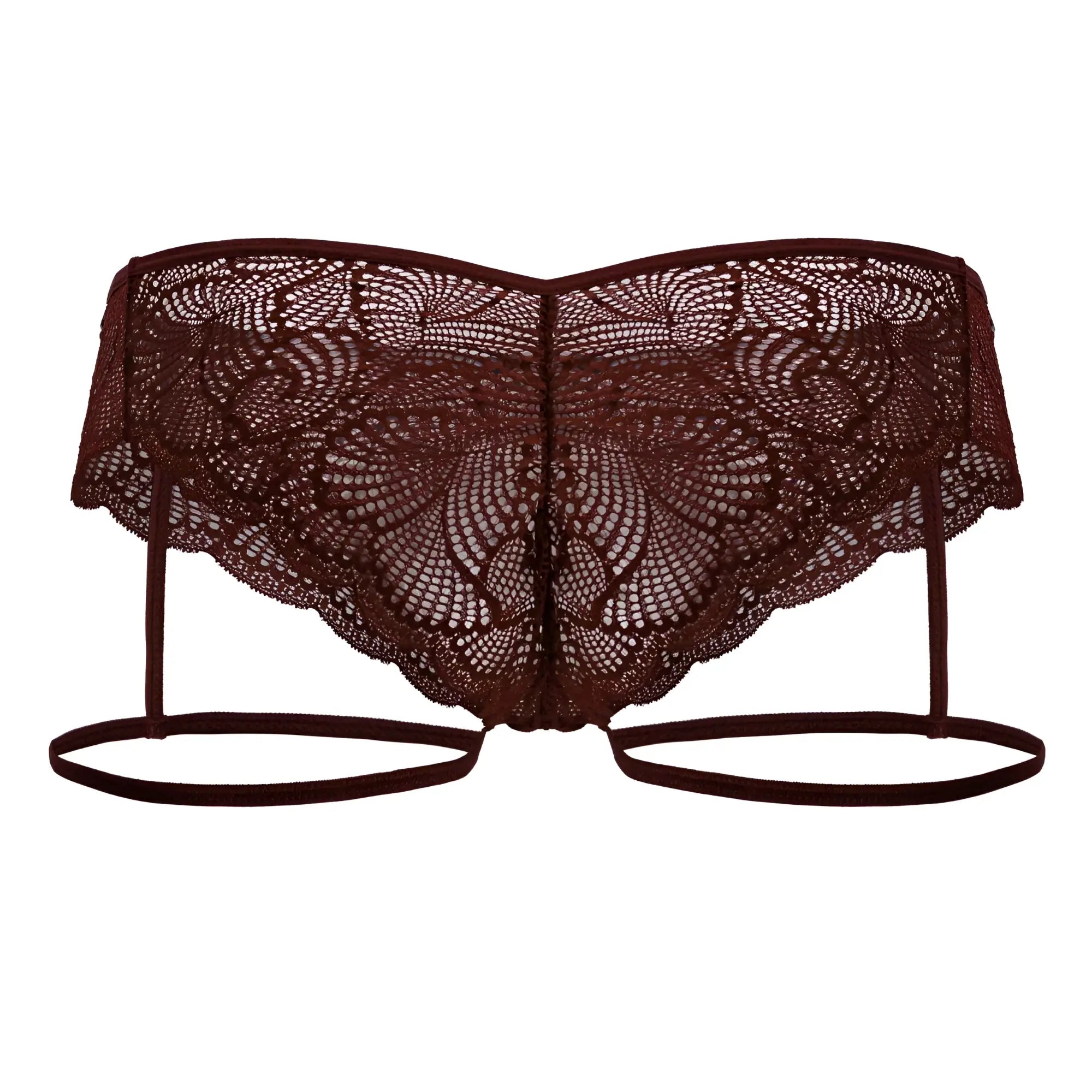 CandyMan 99905 garter lace briefs with a dark burgundy lace bikini top featuring floral patterns and adjustable straps