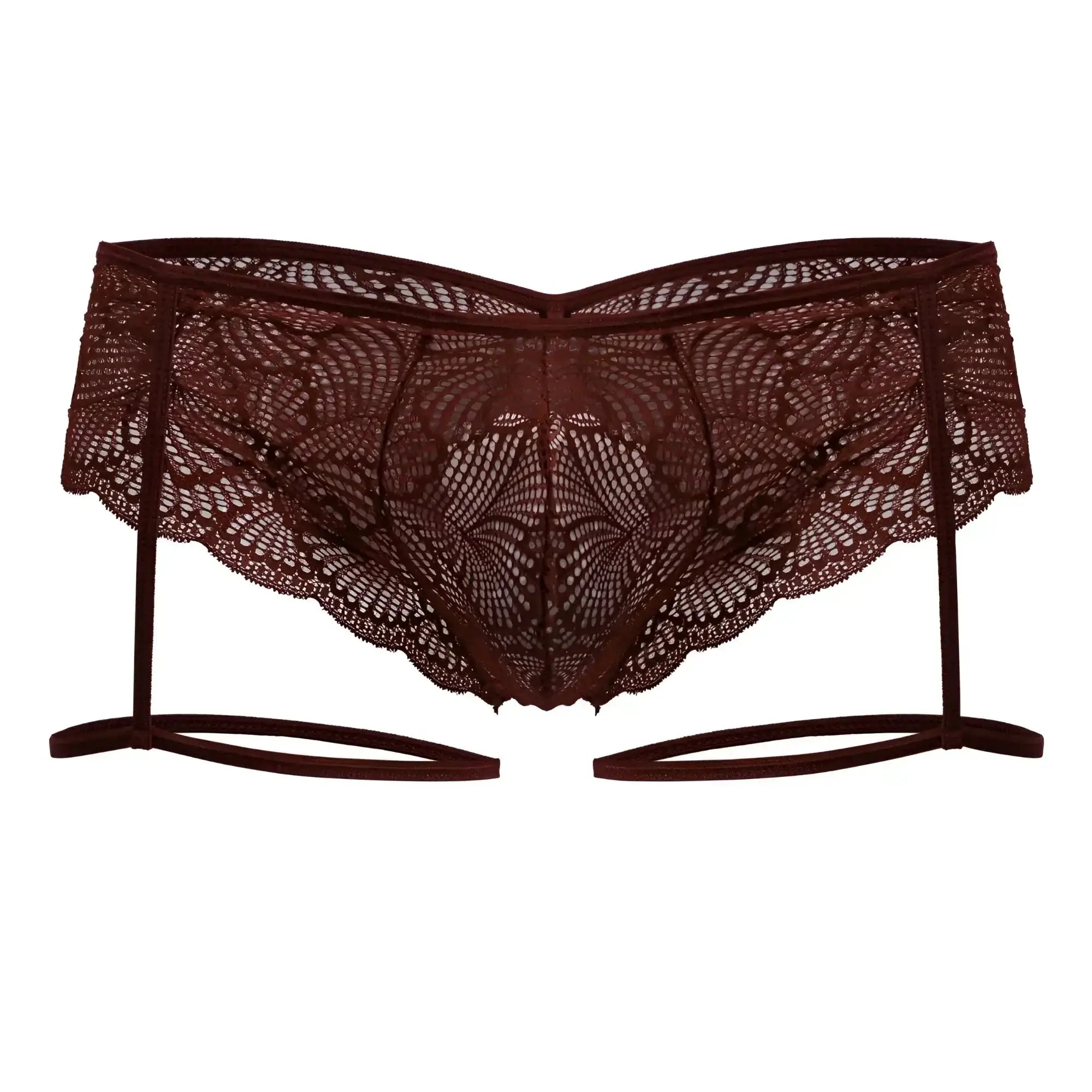 Dark burgundy candyMan 99905 lace garter belt with intricate floral patterns and scalloped edges