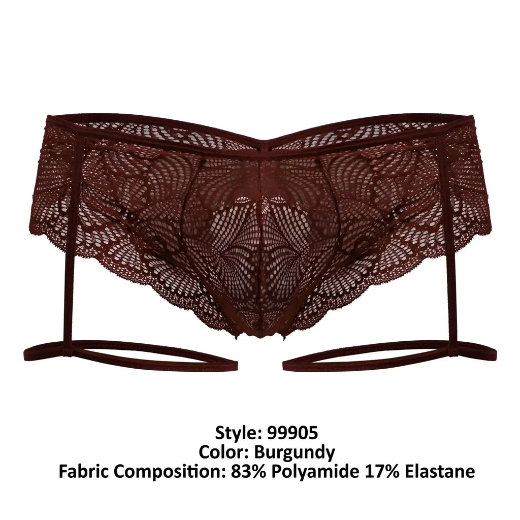 Burgundy lace garter belt with intricate floral patterns and matching elastic straps from Candyman 99905 collection