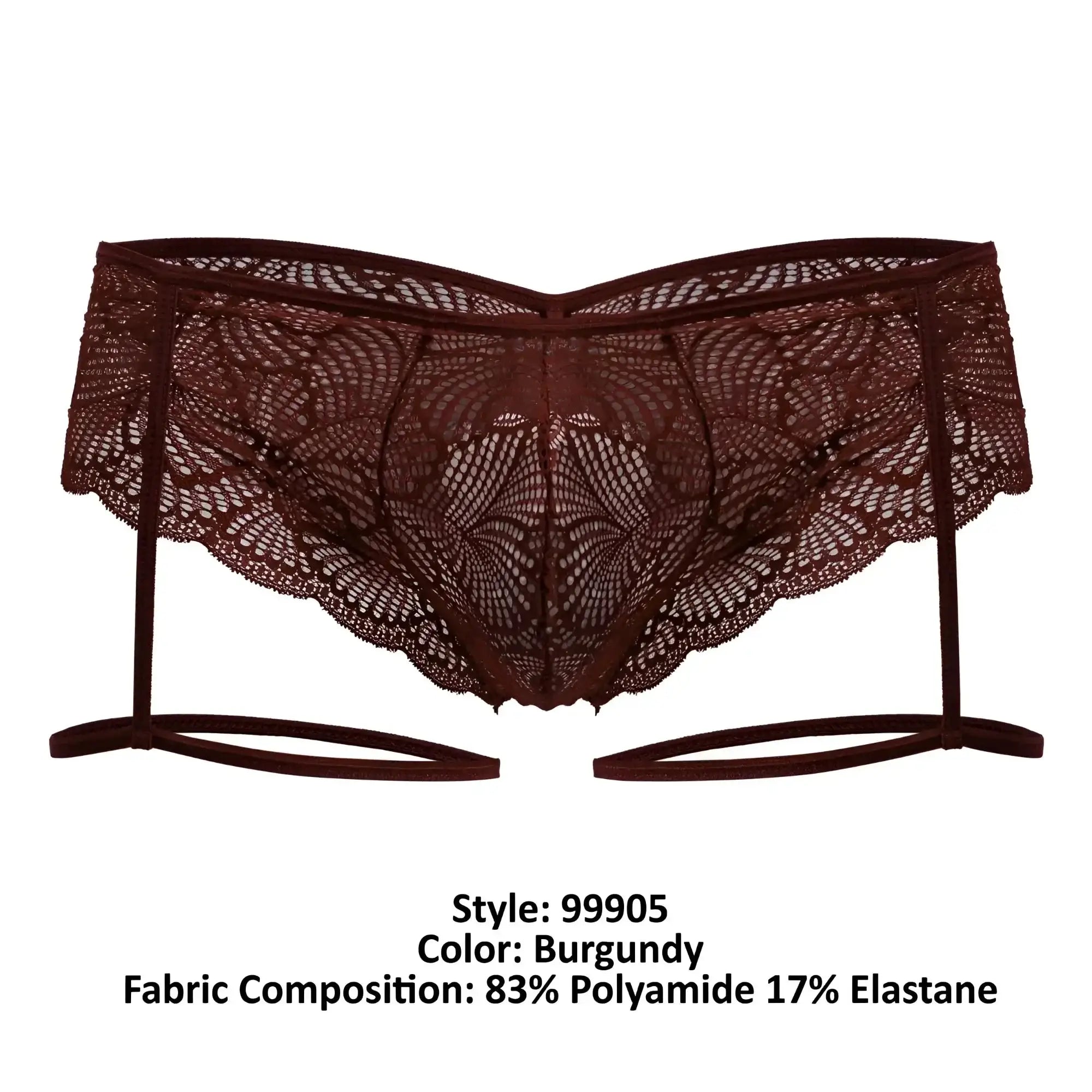 Burgundy lace garter belt with intricate floral patterns and matching elastic straps from Candyman 99905 collection