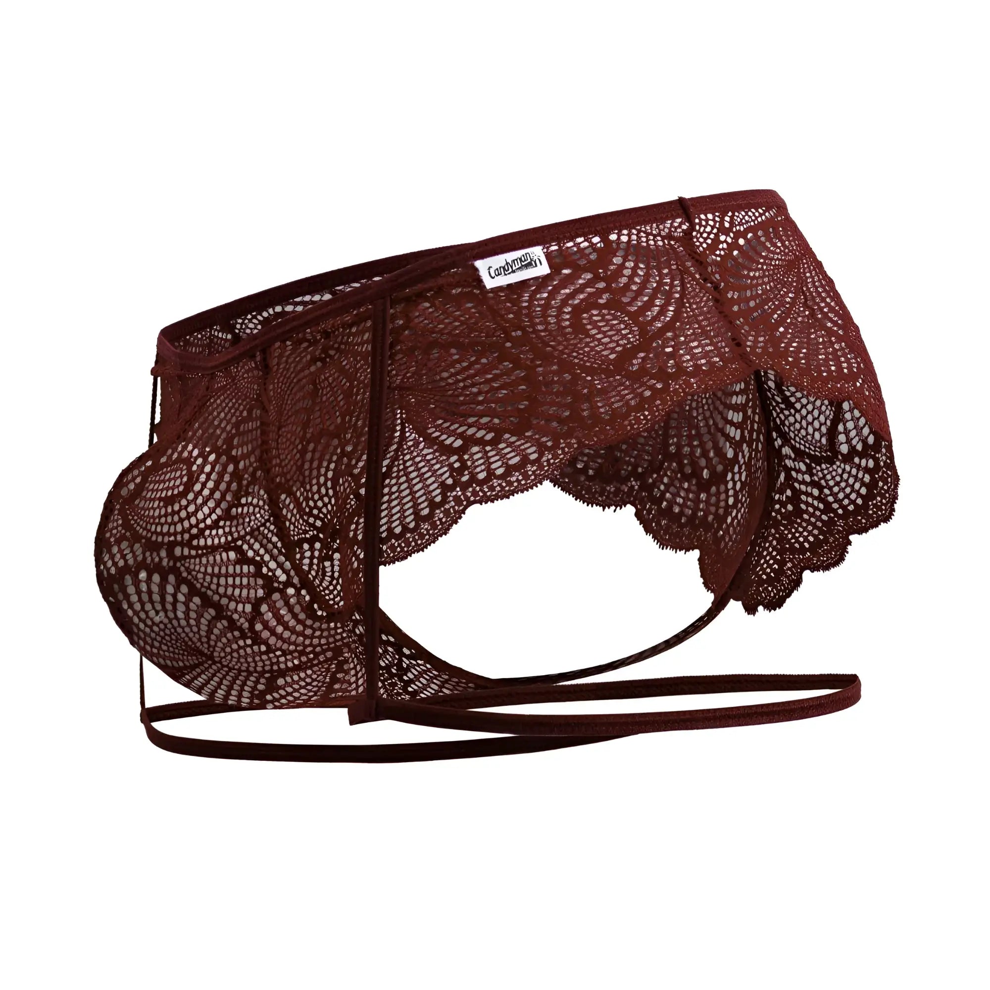 CandyMan 99905 garter lace briefs in burgundy featuring maroon lace with intricate floral patterns and scalloped edges