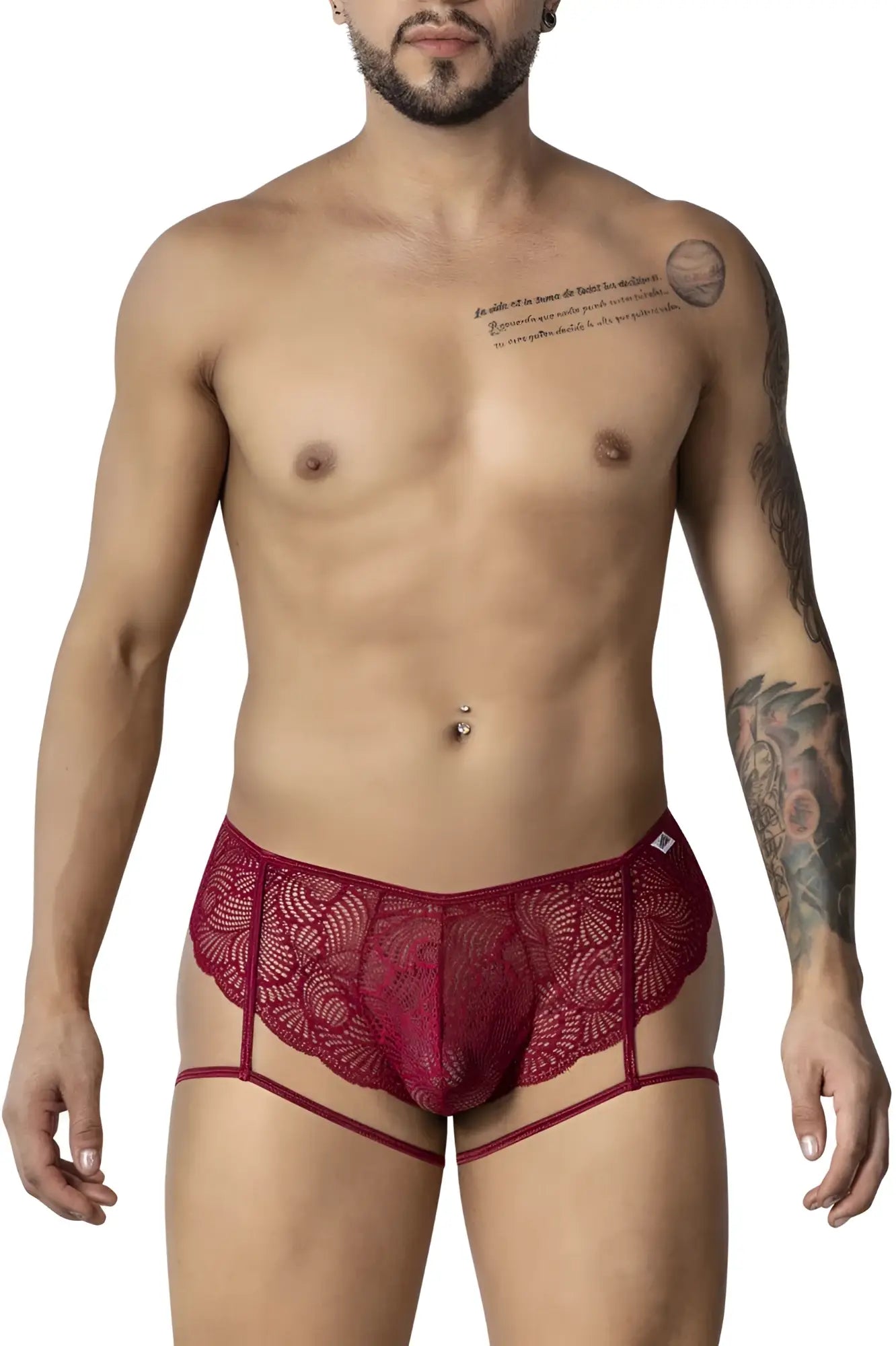 CandyMan 99905 garter lace briefs in burgundy with red lace floral patterns and supportive side straps