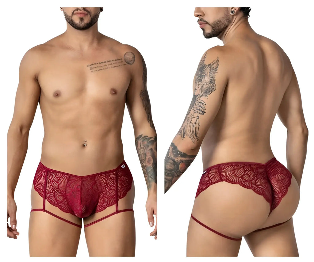 CandyMan 99905 garter lace briefs burgundy men’s high-waisted thong underwear with red lace and side gussets