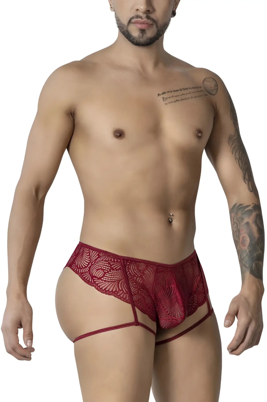 Burgundy candyman 99905 garter lace briefs for men with sheer patterned lace and thin straps front view