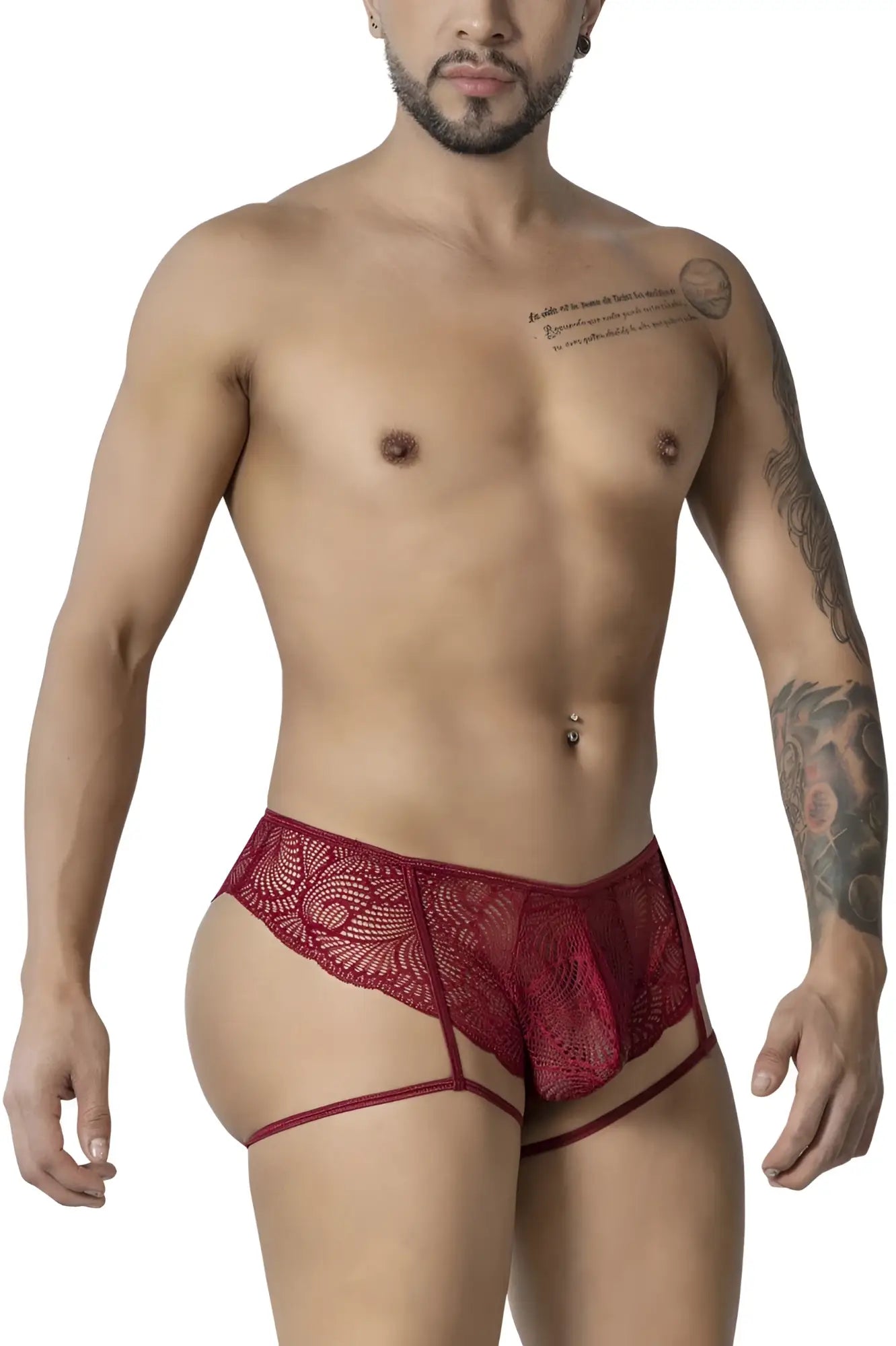 Burgundy candyman 99905 garter lace briefs for men with sheer patterned lace and thin straps front view