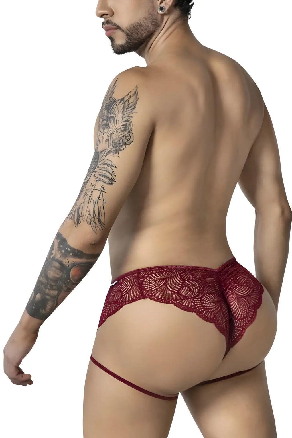 Burgundy Candyman 99905 garter lace briefs featuring a red lace thong with intricate floral sheer design
