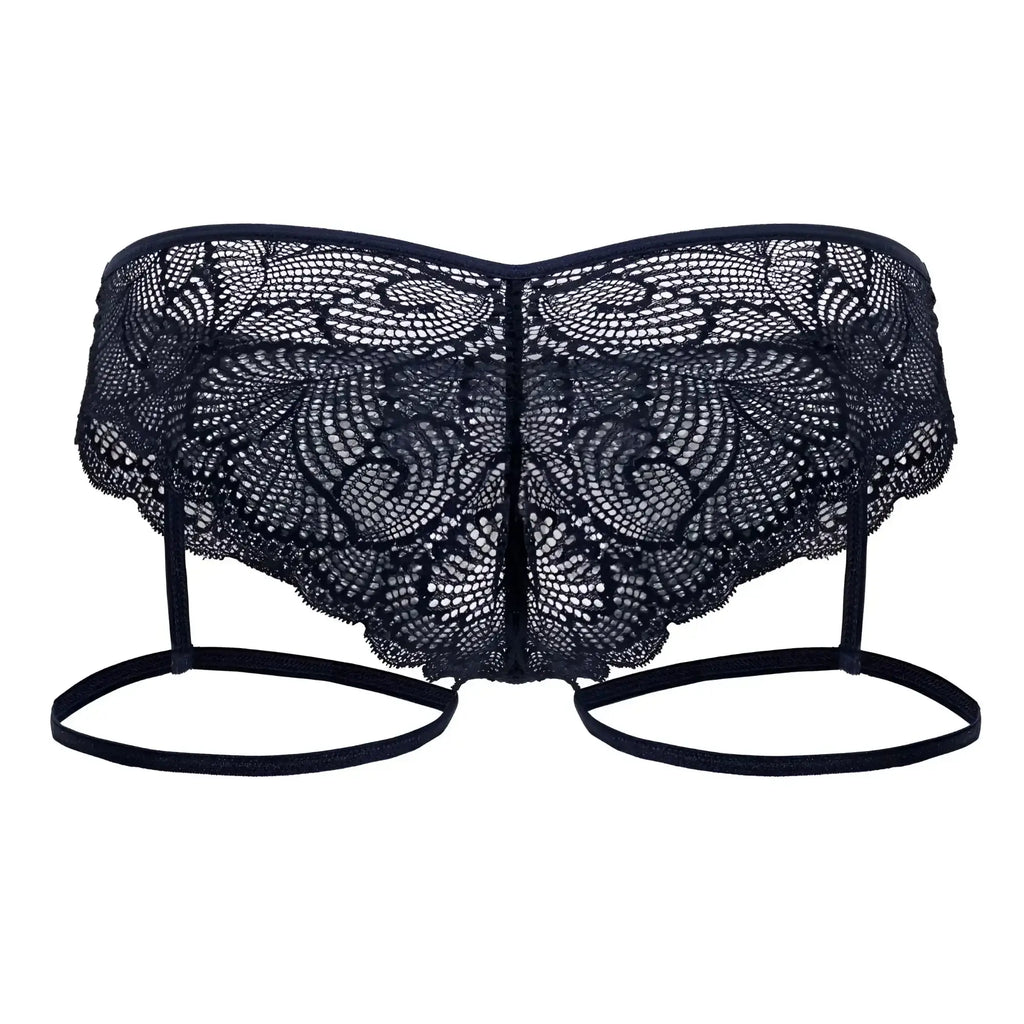 CandyMan 99905 navy garter lace briefs featuring black butterfly-shaped lingerie with floral patterns