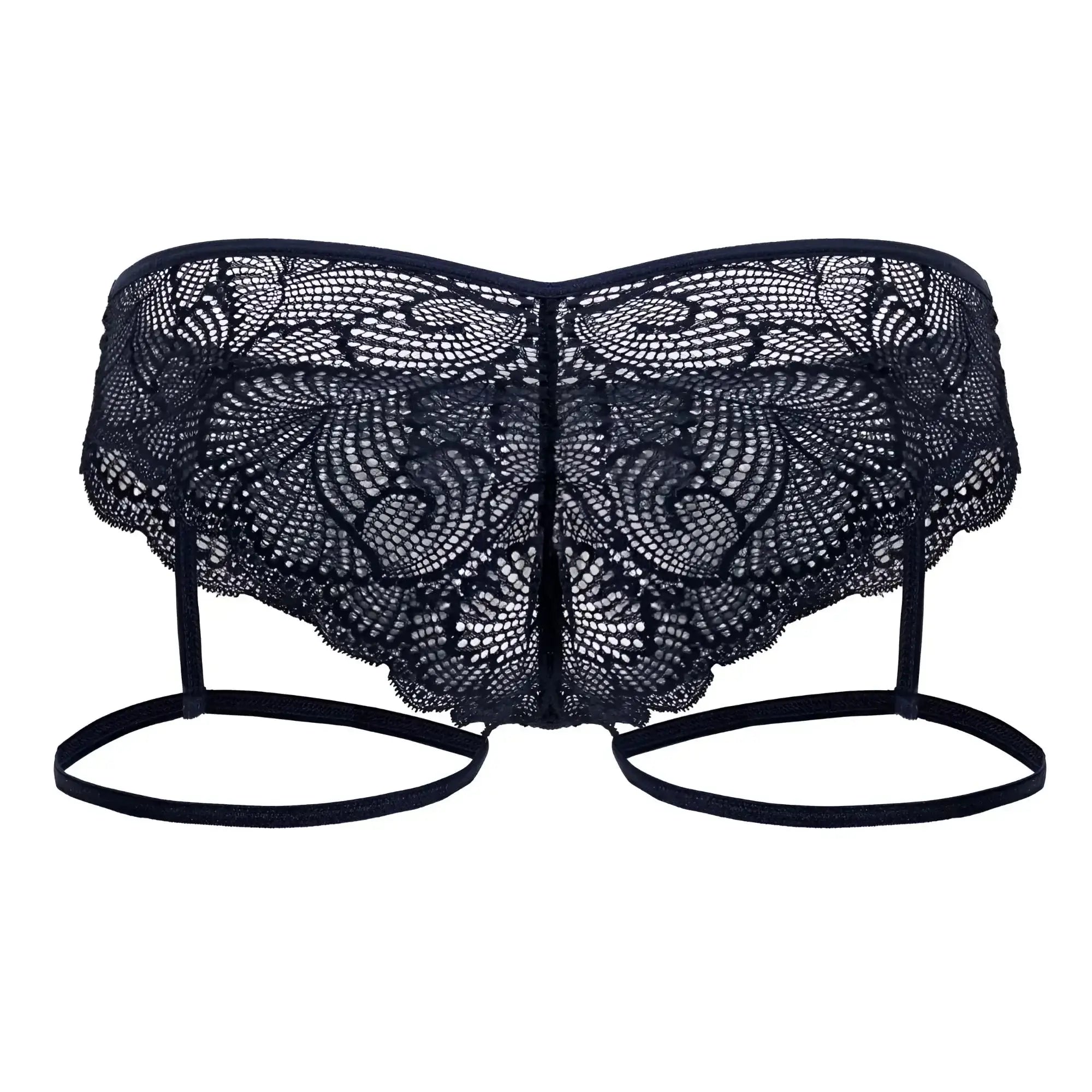 CandyMan 99905 navy garter lace briefs featuring black butterfly-shaped lingerie with floral patterns