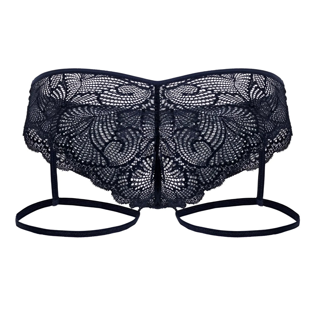 CandyMan 99905 navy garter lace briefs featuring black butterfly-shaped lingerie with floral patterns and thin adjustable straps