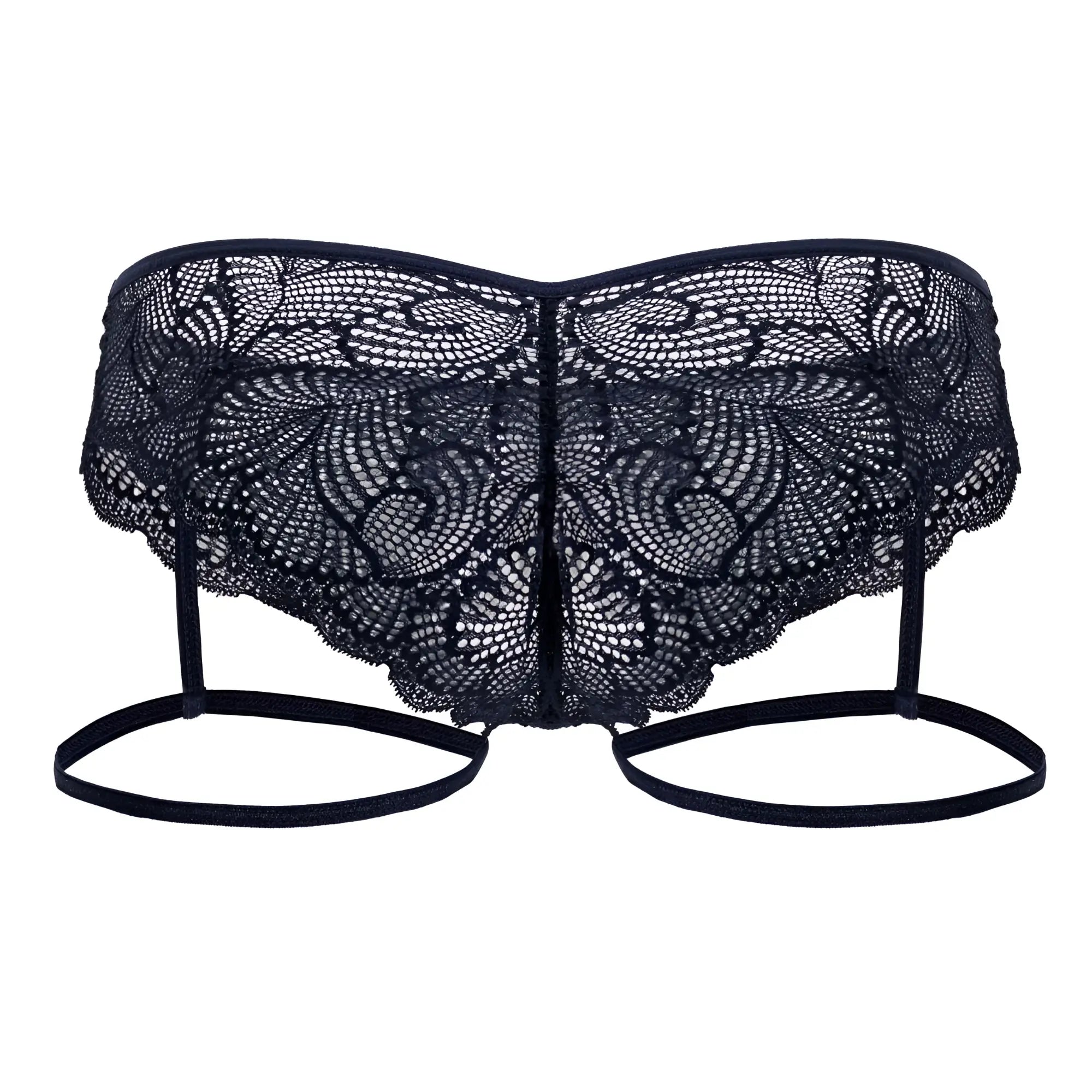 CandyMan 99905 navy garter lace briefs featuring black butterfly-shaped lingerie with floral patterns and thin adjustable straps